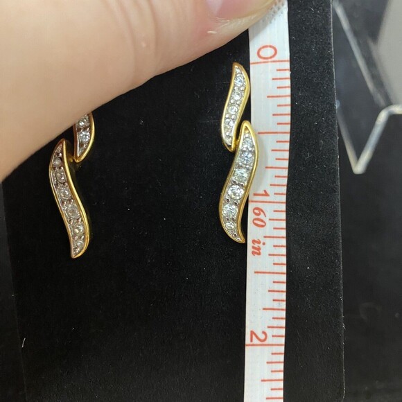 Monet Gold & White Rhinestone Feather Leaf Dangle Post Earrings - Picture 10 of 10